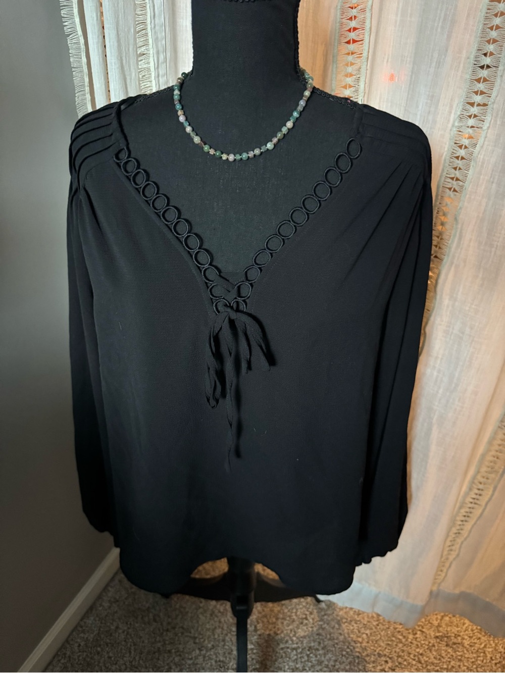 CeCe Black V-Neck Blouse with Ring Trim and Tassel Tie